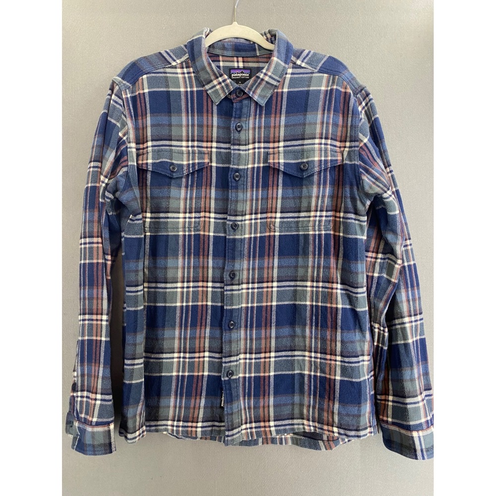 Patagonia Fjord Flannel Shirt Mens XL Blue Orange Plaid Organic Cotton Button Up